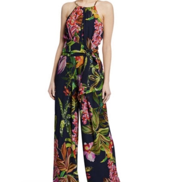Trina Turk Pants - Trina Turk 100% Silk Jumpsuit M Tropical Floral Halter Gold Chain Wedding Guest